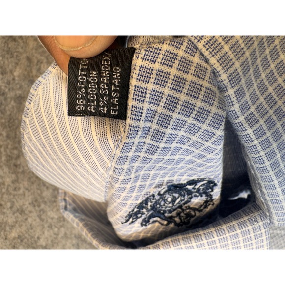 English Laundry Mens Blue White Micro Check Button Down Shirt 17.5 34/35 Stretch - Picture 6 of 9